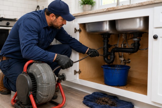 Drain cleaning service removing buildup from residential plumbing system in Fond du Lac, WI