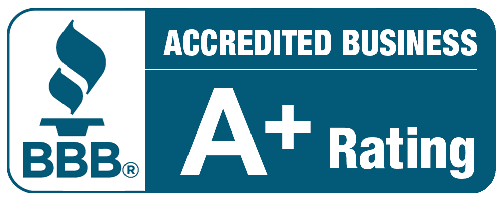 Blue and white badge showing the BBB torch logo, text "Accredited Business," and "A+ Rating," indicating high business credibility.