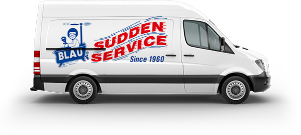 White delivery van with "Blau Sudden Service" logo in bold red and blue. Text reads "Since 1960." Black background highlights the design.