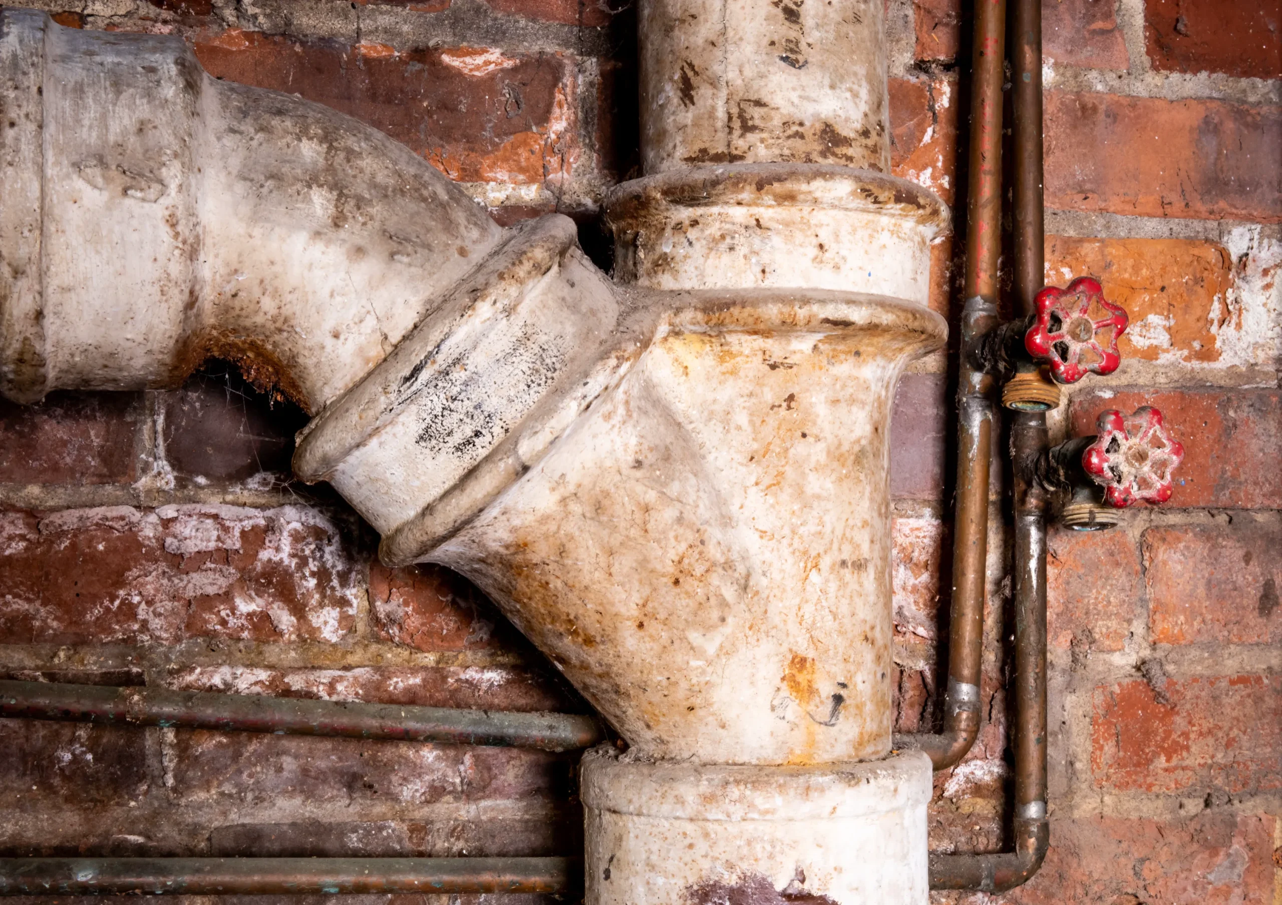 Old, rusty pipes with white paint against a brick wall. Two red valve handles add a splash of color to the industrial, vintage scene.