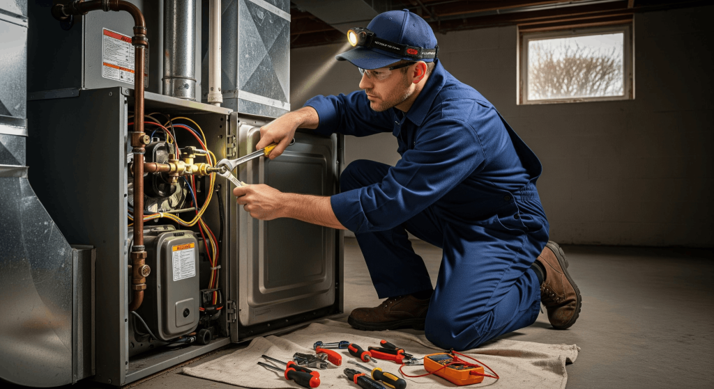 Heating services professional repairing furnace heating system.