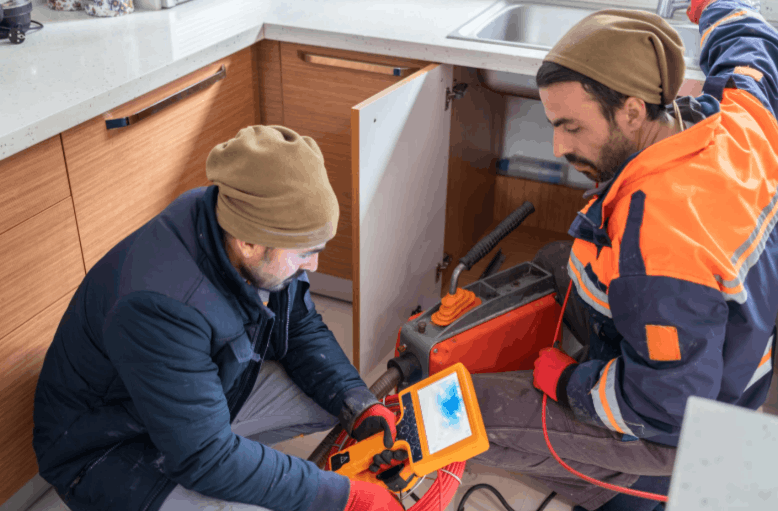 Technicians using a drain camera system to locate a clogged drain inside residential plumbing pipes.