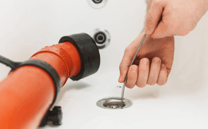 Professional plumber clearing a clogged drain with specialized drain cleaning equipment.