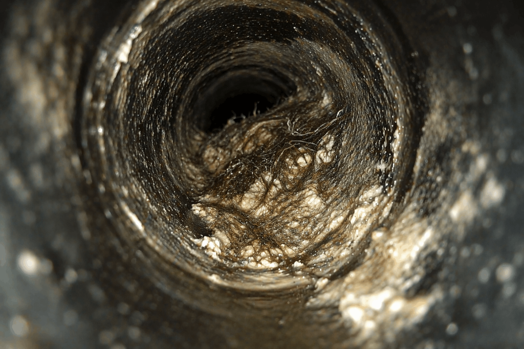 Clogged drain pipe with hair buildup needing drain cleaning services.