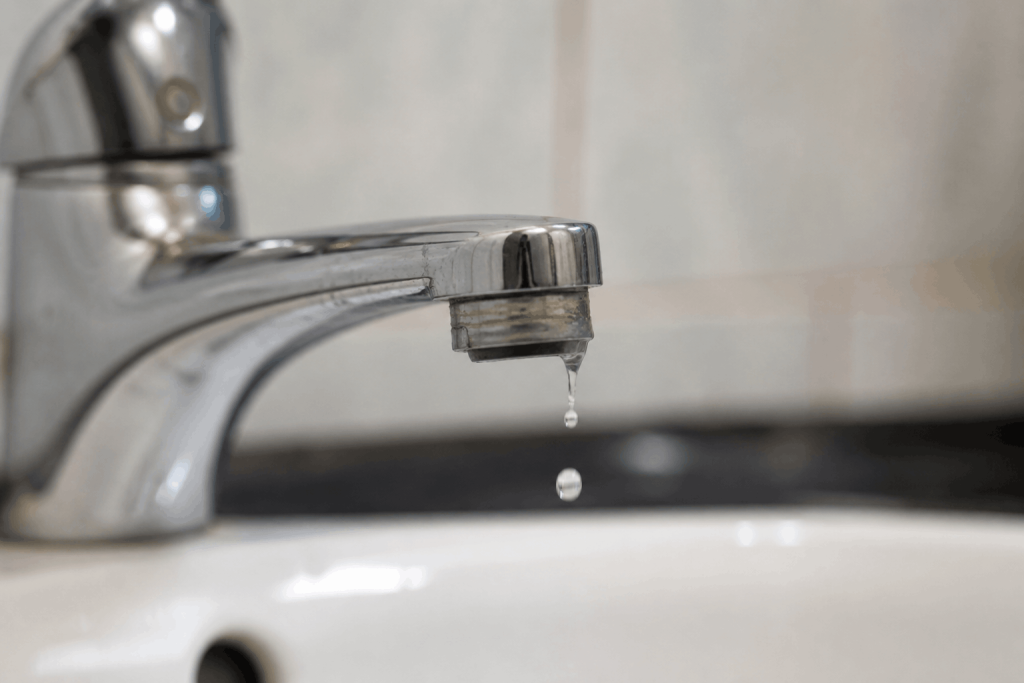 Leaky faucet dripping from spout due to worn washer inside.