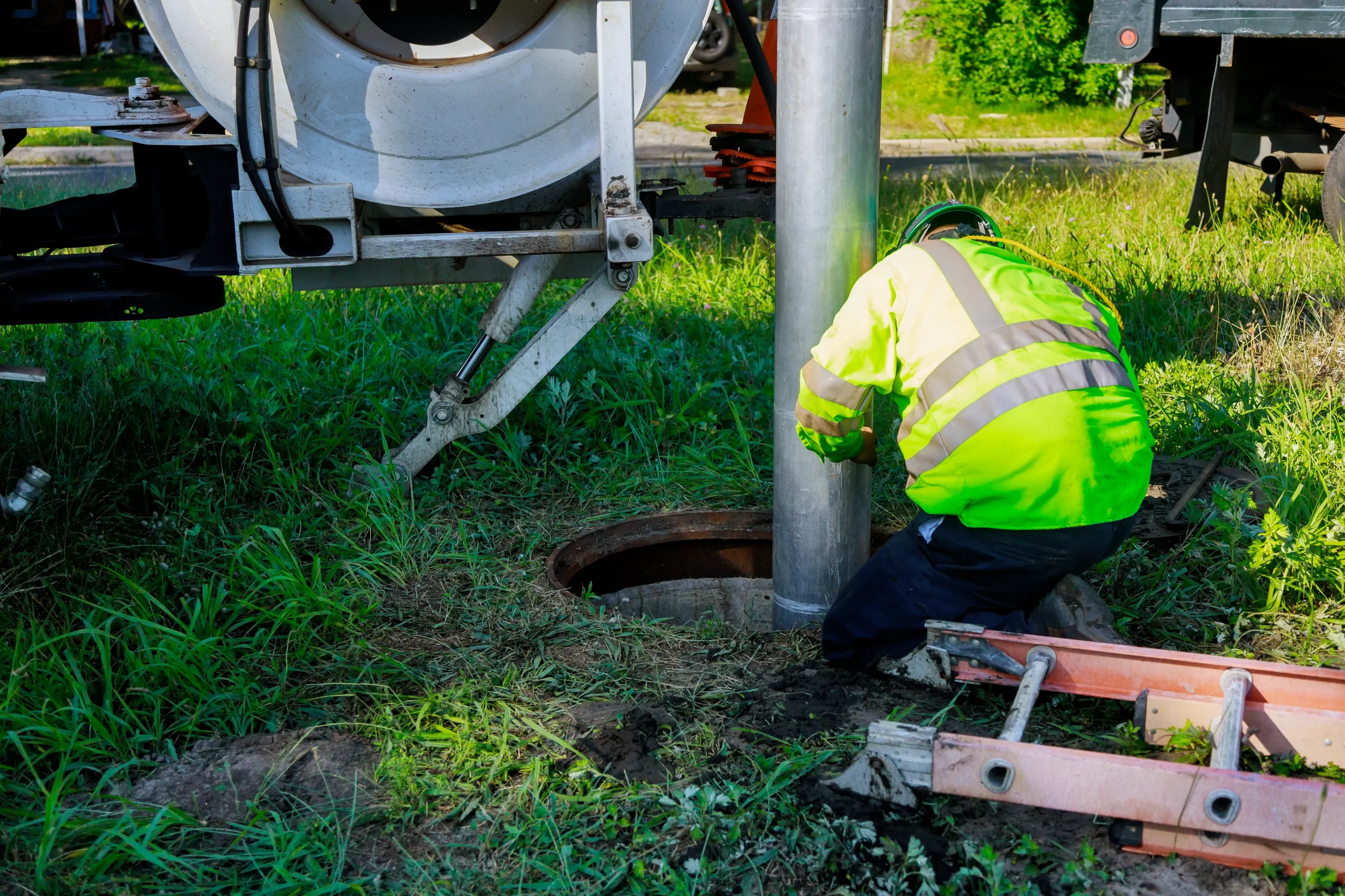 A worker in a neon yellow safety jacket and helmet kneels on grass, operating machinery near an open manhole. A ladder is placed beside them.