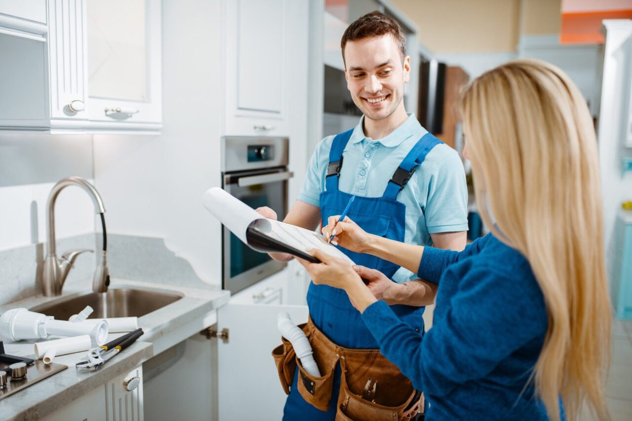 A plumber in blue overalls smiles as a woman signs paperwork in a kitchen, creating a friendly and professional atmosphere. Tools are visible on the counter.