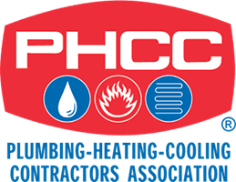 Red and blue logo for PHCC, Plumbing-Heating-Cooling Contractors Association. Includes icons of a water droplet, flame, and coil, symbolizing services.